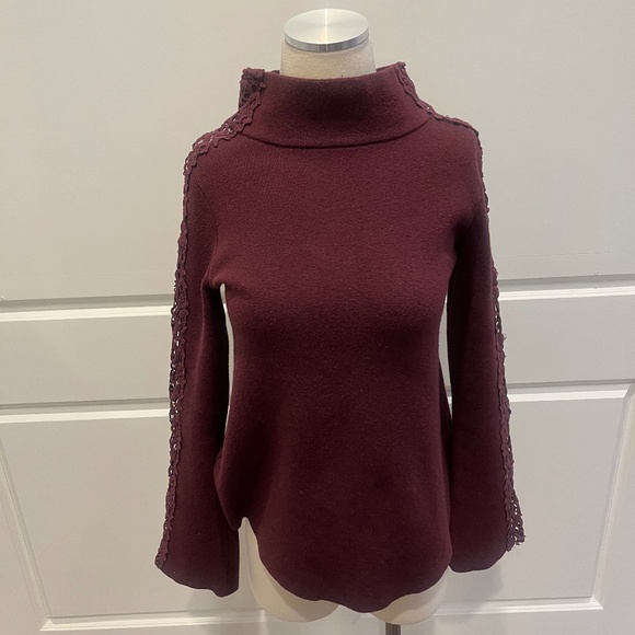 Knitted & Knotted Maroon Tunic Sweater With Lace Trim Sleeves, sz XS - Picture 1 of 8